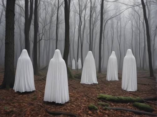 halloween ghosts,ghost forest,ghosts,white figures,angel trumpets,druids,haunted forest,arrowroot family,wedding dresses,conceptual photography,halloween decoration,witches' hats,coffins,funeral urns,gost,wooden figures,votive candles,halloween decor,burial ground,drip castle,Photography,Documentary Photography,Documentary Photography 07