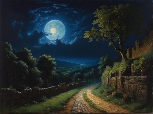 moonlit night,night scene,the mystical path,stone wall road,rural landscape,moonlit,landscape background,lunar landscape,fantasy landscape,fantasy picture,mountain road,the path,pathway,hiking path,moonlight,forest landscape,winding road,hollow way,home landscape,path,Art,Classical Oil Painting,Classical Oil Painting 16