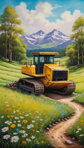 excavator,salt meadow landscape,yellow machinery,volvo ec,excavators,two-way excavator,tractor,rural landscape,road roller,agricultural machinery,caterpillar gypsy,construction machine,logging truck,john deere,mountain meadow,construction vehicle,alpine meadow,heavy machinery,meadow landscape,digging equipment,Illustration,Abstract Fantasy,Abstract Fantasy 10