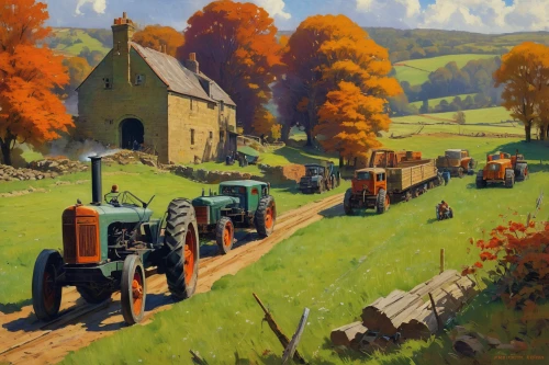 rural landscape,farm landscape,autumn landscape,autumn chores,farm tractor,fall landscape,tractor,autumn idyll,rural,village scene,grant wood,harvest festival,one autumn afternoon,farmstead,autumn scenery,farm set,straw carts,farm yard,autumn day,old tractor,Illustration,Retro,Retro 09