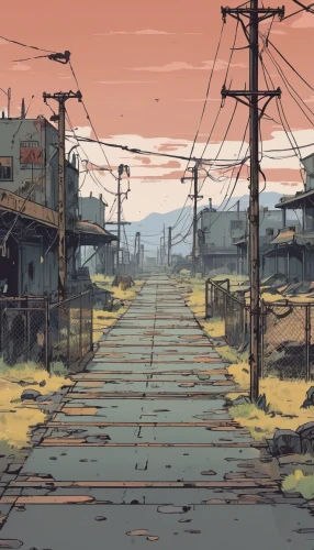 post-apocalyptic landscape,wasteland,post apocalyptic,empty road,suburb,road forgotten,the road,post-apocalypse,suburbs,deserted,desolate,wires,road to nowhere,backgrounds,lostplace,japan landscape,crossroads,dead end,vanishing point,road,Illustration,Japanese style,Japanese Style 06