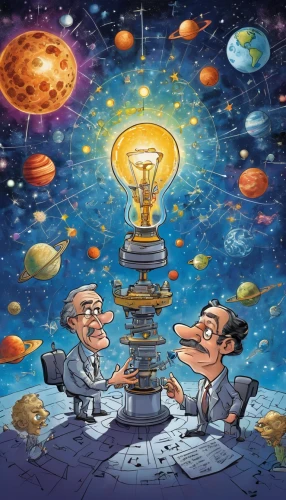 astronomers,astronomer,searchlamp,the light bulb,astronira,exchange of ideas,space probe,crystal ball,sci fiction illustration,incandescent lamp,orrery,lightbulb,light bulb moment,copernican world system,science book,connect competition,planetarium,science education,electric bulb,miracle lamp,Illustration,Abstract Fantasy,Abstract Fantasy 23