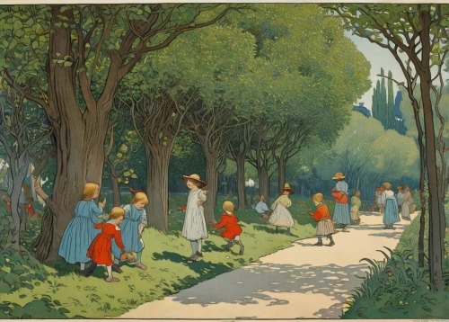 kate greenaway,happy children playing in the forest,the pied piper of hamelin,walk with the children,promenade,work in the garden,forest workers,the garden society of gothenburg,tree-lined avenue,parsely,village scene,street scene,towards the garden,tree grove,dongfang meiren,nursery,passepartout,aventine hill,walk in a park,greenforest,Illustration,Retro,Retro 11