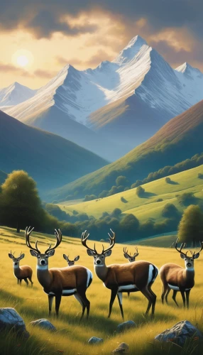 elk,elk reposing on lateral moraine,mountain cows,deer illustration,caribou,antelopes,pere davids deer,alpine pastures,mountain pasture,mountain scene,deers,landscape background,mountain tundra,salt meadow landscape,mountain sheep,fallow deer group,red deer,bull elk on lateral moraine,world digital painting,european deer,Illustration,Abstract Fantasy,Abstract Fantasy 22