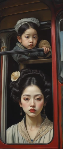 woman in the car,girl in car,chinese art,surrealism,vietnamese woman,girl and car,han thom,car window,oriental painting,asian woman,woman with ice-cream,automotive mirror,girl with a wheel,family car,the girl's face,japanese woman,rickshaw,caravanning,meticulous painting,shirakami-sanchi,Conceptual Art,Daily,Daily 14