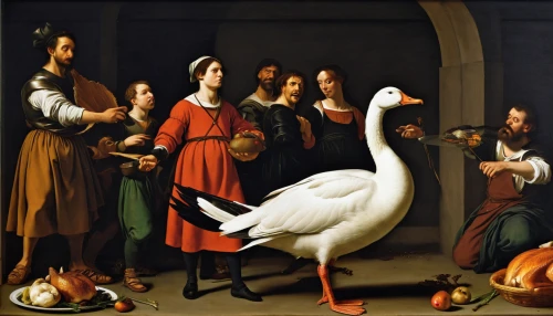 trumpet of the swan,bellini,st martin's day goose,the pied piper of hamelin,the head of the swan,pied piper,church painting,araucana,baptism of christ,shelduck,pentecost,woman holding pie,school of athens,renaissance,contemporary witnesses,meticulous painting,portrait of a hen,hunting scene,the annunciation,the duck,Art,Classical Oil Painting,Classical Oil Painting 05