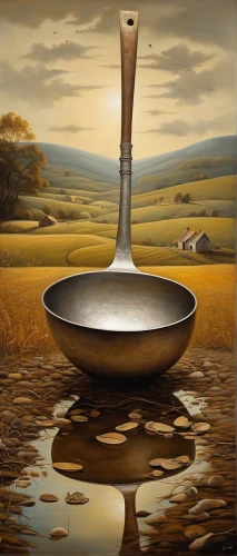 ladle,ladles,saucepan,egg spoon,cooking spoon,wooden spoon,a spoon,surrealism,utensils,spoon,sauce boat,two-handled sauceboat,pestle,saucer,mortar and pestle,grant wood,soup bowl,singing bowl,spoonbread,oil painting on canvas,Illustration,Realistic Fantasy,Realistic Fantasy 40