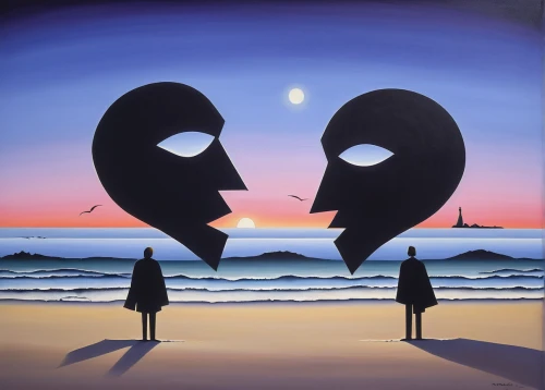 two people,surrealism,dualism,man and woman,loving couple sunrise,couple silhouette,yinyang,oil painting on canvas,man and wife,art painting,motif,woman thinking,hanging moon,adam and eve,couple,parallel worlds,young couple,split personality,surrealistic,eighth note,Art,Artistic Painting,Artistic Painting 33