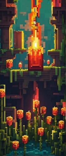 mushroom island,lava cave,mushroom landscape,chasm,volcano,pillar of fire,fire planet,fairy chimney,lava,wishing well,flaming torch,tileable,pixel cells,fire and water,burning torch,cauldron,tower fall,lava river,magma,fire mountain,Unique,Pixel,Pixel 03