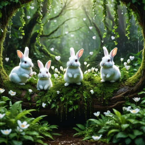 rabbit family,rabbits,bunnies,rabbits and hares,easter rabbits,hares,woodland animals,fairy forest,easter background,white rabbit,forest animals,cartoon forest,hare trail,peter rabbit,fairytale forest,female hares,forest background,children's background,alice in wonderland,whimsical animals,Photography,General,Natural