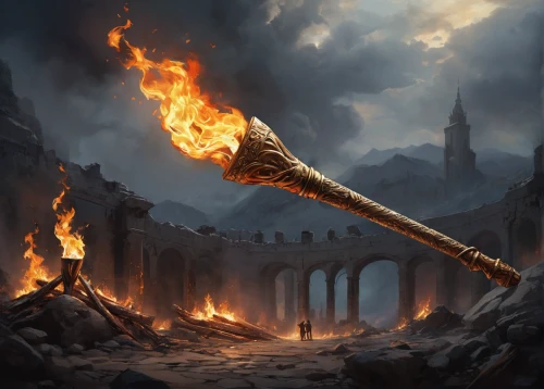 torch-bearer,pillar of fire,burning torch,quarterstaff,thermal lance,flaming torch,torch,king sword,pall-bearer,scepter,the white torch,dane axe,scabbard,torchlight,torches,scythe,horn of amaltheia,fire poker flower,smouldering torches,ranged weapon,Conceptual Art,Daily,Daily 13