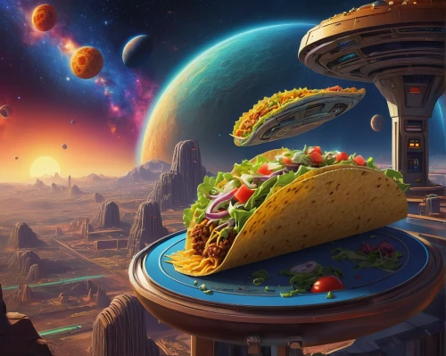 taco,tacos food,tacos,tacamahac,taco tuesday,sci fiction illustration,southwestern united states food,taco mouse,flying food,saladitos,tex-mex food,chalupa,mission burrito,mexican hat,mexican food,world digital painting,taco soup,space art,mexican foods,digital compositing,Illustration,Realistic Fantasy,Realistic Fantasy 26