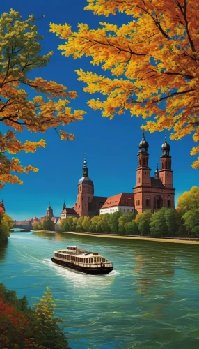 boat landscape,autumn scenery,autumn landscape,river landscape,lake freighter,autumn background,landscape background,autumn idyll,ayutthaya,danube cruise,riverboat,passenger ship,caravel,fall landscape,japan landscape,houseboat,water taxi,shanghai disney,sea fantasy,transilvania,Illustration,Japanese style,Japanese Style 13