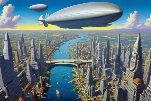 zeppelins,airships,airship,blimp,zeppelin,futuristic landscape,air ship,aerostat,ufo,brauseufo,ufos,ufo intercept,fantasy city,skycraper,futuristic architecture,hindenburg,futuristic,metropolis,sky space concept,sky city,Illustration,Retro,Retro 02