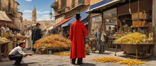 red cape,merchant,the pied piper of hamelin,souk,medieval market,long coat,man in red dress,woman hanging clothes,italian painter,souq,celebration cape,tuscan,world digital painting,caped,woman shopping,girl in a long dress from the back,girl in a long dress,red coat,bazaar,spice market,Art,Artistic Painting,Artistic Painting 20