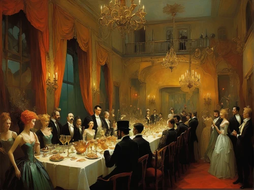 dinner party,napoleon iii style,exclusive banquet,apéritif,the victorian era,absinthe,kristbaum ball,ballroom,viennese cuisine,dining room,epicure,long table,xix century,fête,a party,fine dining restaurant,the ball,stemware,dining,cuisine classique,Illustration,Realistic Fantasy,Realistic Fantasy 16