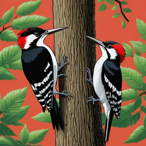 ivory-billed woodpecker,red-bellied wood pecker,woodpecker,flicker woodpecker,woodpecker bird,pileated woodpecker,birds on a branch,hairy woodpecker,birds on branch,downy woodpecker,acorn woodpecker,black woodpecker,great spotted woodpecker,humming bird pair,woodpecker finch,toucans,flower and bird illustration,bird illustration,bird painting,tropical birds,Illustration,Japanese style,Japanese Style 05