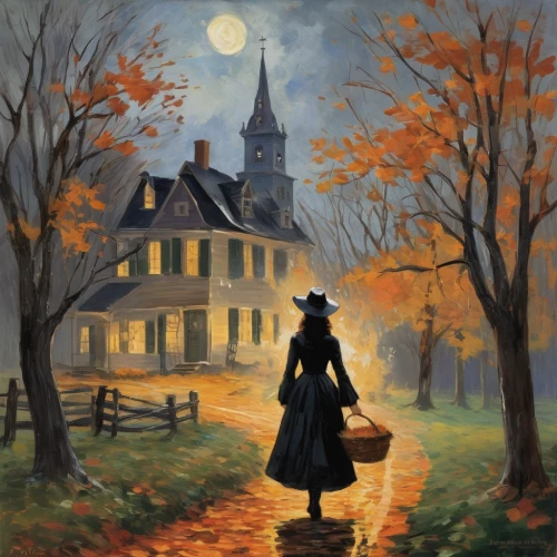 autumn landscape,fall landscape,halloween scene,autumn idyll,autumn background,autumn chores,halloween illustration,halloween poster,house silhouette,the autumn,one autumn afternoon,autumn scenery,witch's house,halloween background,autumn theme,home landscape,autumn day,in the fall,autumn morning,witch house,Conceptual Art,Oil color,Oil Color 10