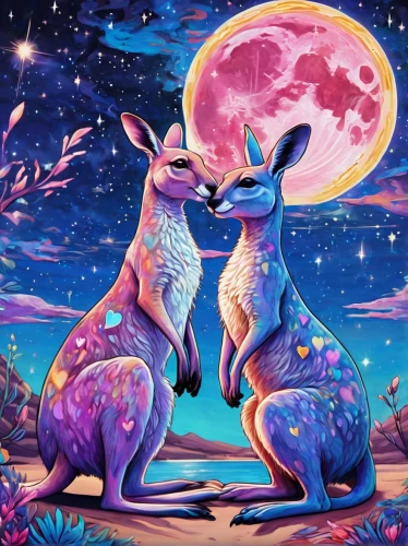 unicorn background,deer illustration,llamas,the moon and the stars,wolf couple,unicorn art,moon and star background,hares,fawns,celestial bodies,sun and moon,rabbits and hares,deers,whimsical animals,psychedelic art,capricorn,moon and star,romantic night,antelopes,couple in love,Illustration,Realistic Fantasy,Realistic Fantasy 20