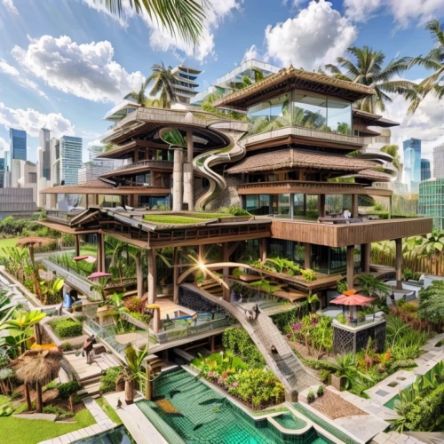 singapore,eco hotel,tropical house,asian architecture,futuristic architecture,roof garden,artificial island,eco-construction,bangkok,cube stilt houses,tropical island,holiday complex,floating island,island suspended,tropical jungle,modern architecture,sky apartment,luxury property,singapore landmark,resort