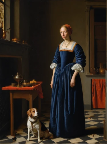 girl with dog,girl in the kitchen,girl with cloth,hanover hound,girl with bread-and-butter,woman holding pie,girl with a pearl earring,basset artésien normand,kooikerhondje,portrait of a woman,woman playing,beaglier,st. bernard,woman drinking coffee,fox terrier,portrait of a girl,basset bleu de gascogne,legerhond,a girl in a dress,old english terrier,Art,Classical Oil Painting,Classical Oil Painting 41