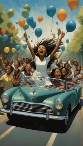 little girl with balloons,afro american girls,balloons flying,car hop,station wagon-station wagon,carefree,flying seeds,juneteenth,girl in car,woman in the car,afro-american,flying seed,desoto deluxe,austin cambridge,buick century,afro american,afroamerican,black women,ecstatic,oil painting on canvas,Illustration,Realistic Fantasy,Realistic Fantasy 29