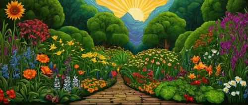 pathway,the mystical path,forest path,flower garden,to the garden,the path,towards the garden,hiking path,tunnel of plants,cottage garden,tulip field,wooden path,garden of eden,flower field,summer border,tulip festival,the luv path,flower meadow,yellow garden,way of the roses,Illustration,Realistic Fantasy,Realistic Fantasy 45