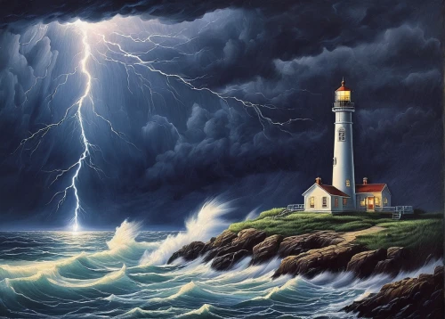 electric lighthouse,light house,lighthouse,point lighthouse torch,sea storm,light station,oil painting on canvas,david bates,red lighthouse,oil painting,oil on canvas,petit minou lighthouse,storm,lightning storm,nature's wrath,thunderstorm,art painting,stormy,crisp point lighthouse,strom,Illustration,Retro,Retro 02