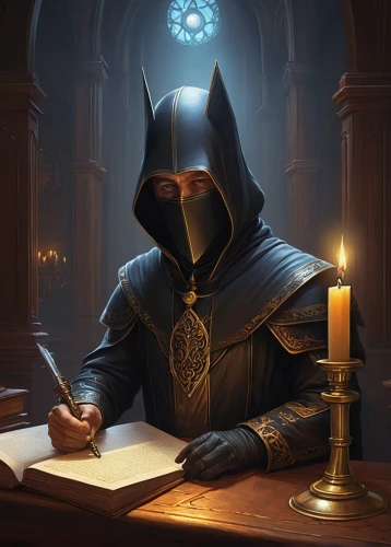 magistrate,scholar,binding contract,hooded man,magic grimoire,templar,archimandrite,massively multiplayer online role-playing game,watchmaker,game illustration,cg artwork,the abbot of olib,dodge warlock,sci fiction illustration,night administrator,candlemaker,prayer book,card game,clockmaker,collectible card game,Illustration,Realistic Fantasy,Realistic Fantasy 26
