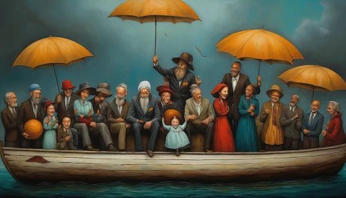 the people in the sea,migration,sailing orange,regatta,group of people,seven citizens of the country,umbrellas,row row row your boat,travelers,overhead umbrella,life raft,seafaring,adrift,orientalism,caravel,noah's ark,the carnival of venice,afloat,man with umbrella,migrants,Illustration,Realistic Fantasy,Realistic Fantasy 34