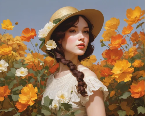 girl in flowers,flower hat,franz winterhalter,beautiful girl with flowers,corn poppies,vintage flowers,orange blossom,rosa ' amber cover,flower girl,flower wall en,girl in the garden,yellow sun hat,marigold,flower painting,splendor of flowers,girl picking flowers,sun hat,yellow roses,orange roses,holding flowers,Conceptual Art,Daily,Daily 08