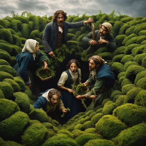 hobbit,gullivers travels,conceptual photography,grass family,people in nature,foragers,groundcover,nettle family,dwarves,photo manipulation,seven citizens of the country,composite,national geographic,the stake,grape harvest,dwarfs,halm of grass,parsley family,flying seeds,horticulture,Art,Classical Oil Painting,Classical Oil Painting 08