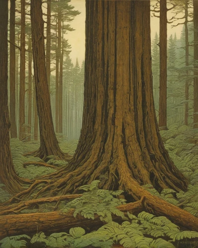 old-growth forest,redwoods,spruce forest,temperate coniferous forest,redwood,coniferous forest,fir forest,forest landscape,pine forest,spruce-fir forest,northwest forest,tropical and subtropical coniferous forests,redwood tree,deciduous forest,larch forests,the forests,forests,oregon pine,grove of trees,spruce trees,Illustration,Retro,Retro 01