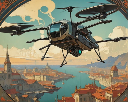 gyroplane,rotorcraft,drone pilot,eurocopter,sci fiction illustration,flying machine,logistics drone,quadrocopter,quadcopter,aerial landscape,tiltrotor,drone,helicopter,steampunk,game illustration,mavic 2,police helicopter,drone operator,travel poster,drones,Illustration,Retro,Retro 03