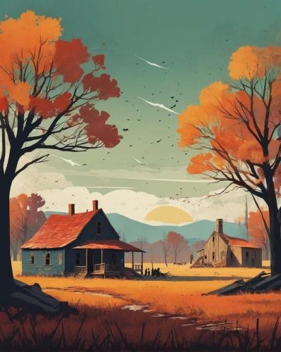 fall landscape,autumn landscape,autumn idyll,autumn camper,autumn background,home landscape,autumn theme,one autumn afternoon,autumn scenery,autumn day,cottage,farmstead,autumn morning,autumn chores,houses silhouette,country cottage,cottages,autumn icon,thanksgiving background,rural landscape,Conceptual Art,Daily,Daily 20
