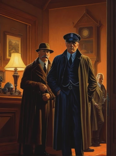churchill and roosevelt,clue and white,sherlock holmes,holmes,investigator,overcoat,inspector,theoretician physician,detective,mafia,game illustration,wright brothers,contemporary witnesses,gentleman icons,attorney,preachers,sci fiction illustration,businessmen,frock coat,mystery book cover,Conceptual Art,Sci-Fi,Sci-Fi 15