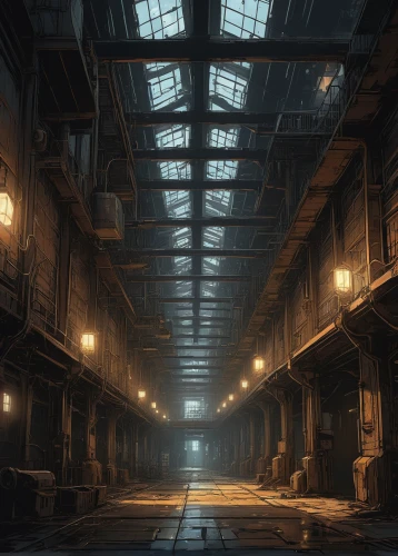 industrial hall,empty factory,warehouse,factory hall,panopticon,empty hall,industrial ruin,hall of the fallen,hashima,backgrounds,empty interior,lostplace,abandoned factory,lost place,industrial landscape,docks,gunkanjima,mining facility,industrial,violet evergarden,Illustration,Realistic Fantasy,Realistic Fantasy 12