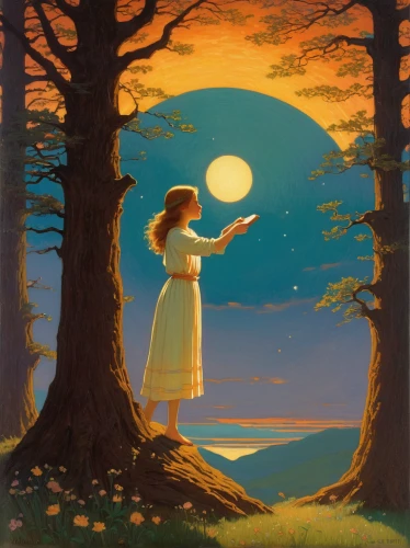 girl with tree,moonrise,moonlit night,the girl next to the tree,summer evening,fantasy picture,evening atmosphere,moonlit,idyll,early evening,summer solstice,yellow sky,fairy tale,the evening light,a fairy tale,in the evening,violinist violinist of the moon,romantic scene,children's fairy tale,sci fiction illustration,Art,Classical Oil Painting,Classical Oil Painting 14