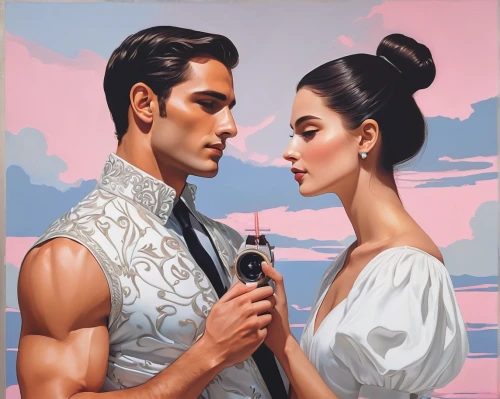 pompadour,romantic portrait,vintage man and woman,coconut perfume,young couple,honeymoon,blue hawaii,fashion illustration,sci fiction illustration,two people,couple,man and wife,flamingo couple,world digital painting,vintage boy and girl,pomade,beautiful couple,romance novel,man and woman,fantasy portrait,Photography,Fashion Photography,Fashion Photography 10