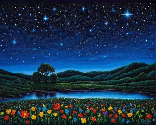 cosmos field,tulip field,tulip festival,colorful stars,starry night,night stars,open star cluster,tulips field,starry sky,flower field,flower meadow,night scene,field of flowers,flowers field,hanging stars,blooming field,tulip fields,falling stars,colorful star scatters,stars and moon,Conceptual Art,Daily,Daily 28