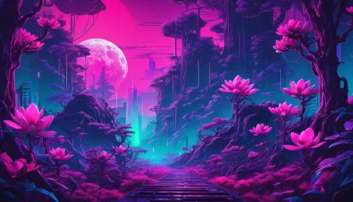 forest of dreams,fantasy landscape,tropical bloom,pathway,mushroom landscape,forest path,purple landscape,purple wallpaper,descent,way of the roses,futuristic landscape,fairy forest,falling flowers,haunted forest,passage,hollow way,forest,landscape rose,wonderland,the forest,Conceptual Art,Sci-Fi,Sci-Fi 27