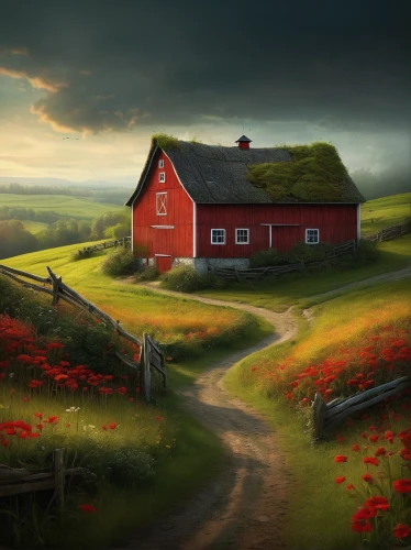 red barn,farm landscape,home landscape,rural landscape,landscape red,meadow landscape,poppy fields,farm background,landscape background,countryside,poppy field,lonely house,blooming field,world digital painting,flower field,field of poppies,farmstead,farm house,red roof,nature landscape,Illustration,Abstract Fantasy,Abstract Fantasy 01