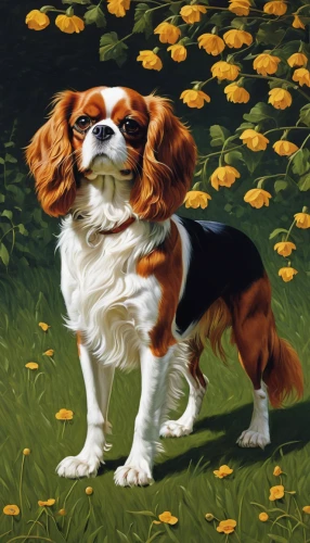 cavalier king charles spaniel,king charles spaniel,kooikerhondje,japanese chin,tibetan spaniel,shih tzu,welsh springer spaniel,spaniel,pekingese,american cocker spaniel,dog illustration,cavalier,french spaniel,german spaniel,lhasa apso,cocker spaniel,cavachon,picardy spaniel,autumn daisy,pet portrait,Art,Artistic Painting,Artistic Painting 30