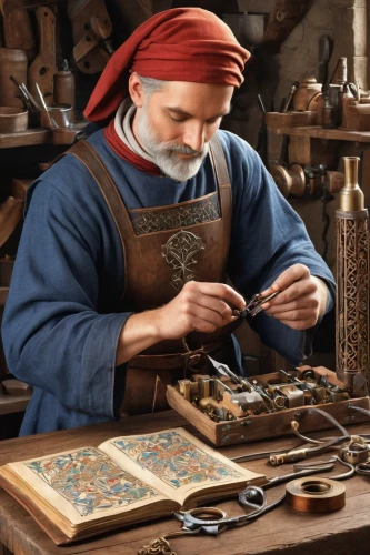 watchmaker,tinsmith,metalsmith,craftsmen,merchant,artisan,tailor,a carpenter,shoemaking,luthier,clockmaker,meticulous painting,handicrafts,blacksmith,jewelry manufacturing,craftsman,shoemaker,silversmith,biblical narrative characters,antiquariat,Illustration,Realistic Fantasy,Realistic Fantasy 42