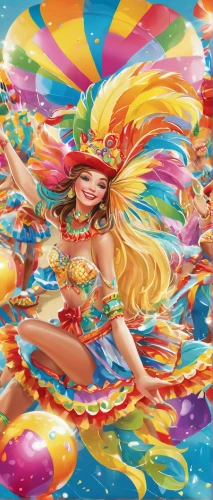 candy island girl,brazil carnival,water balloons,sinulog dancer,inflatable pool,playmat,colorful balloons,carnival,colorful water,rainbow color balloons,the festival of colors,floats,mermaid background,candy,splashing,sugar candy,water balloon,merfolk,float,summer background,Illustration,Japanese style,Japanese Style 19