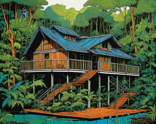 house in the forest,treehouse,stilt house,tropical house,tree house,cottage,summer cottage,house with lake,rainforest,tree house hotel,wooden house,house painting,floating huts,boathouse,log home,timber house,cabin,summer house,borneo,houseboat,Illustration,Black and White,Black and White 21