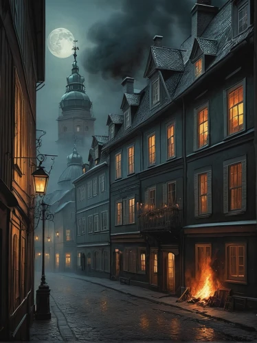 bremen town musicians,night scene,medieval street,evening atmosphere,medieval town,fantasy picture,the cobbled streets,fantasy landscape,dresden,bremen,old town,wroclaw,townhouses,townscape,old city,wooden houses,hanseatic city,prague,poland,street lamps,Illustration,Realistic Fantasy,Realistic Fantasy 16