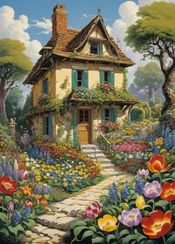 cottage garden,home landscape,little house,country cottage,witch's house,studio ghibli,houses clipart,house painting,flower garden,country house,beautiful home,dandelion hall,woman house,fairy house,summer cottage,cottage,farm house,ancient house,flower shop,yellow garden,Illustration,Retro,Retro 18
