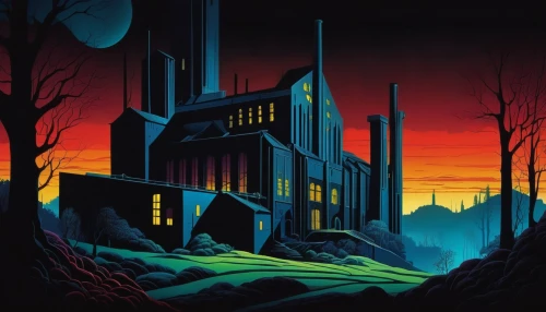 industrial landscape,futuristic landscape,sci fiction illustration,metropolis,refinery,fantasy city,mining facility,temples,ghost castle,industrial ruin,necropolis,art deco,factories,game illustration,night scene,industries,aurora-falter,industry,witch's house,house silhouette,Illustration,Vector,Vector 09