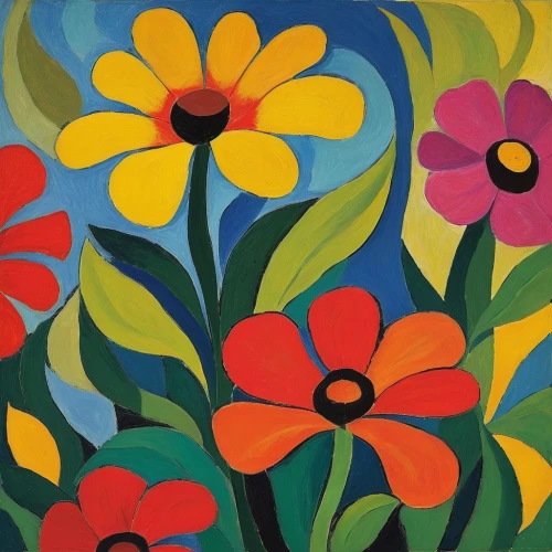 flower painting,african daisies,flowers png,floral composition,blanket of flowers,blanket flowers,abstract flowers,barberton daisies,flowers field,woolflowers,flower field,summer flowers,bright flowers,wildflowers,marguerite,zinnias,pansies,spring flowers,flowers pattern,sunflowers in vase,Art,Artistic Painting,Artistic Painting 27